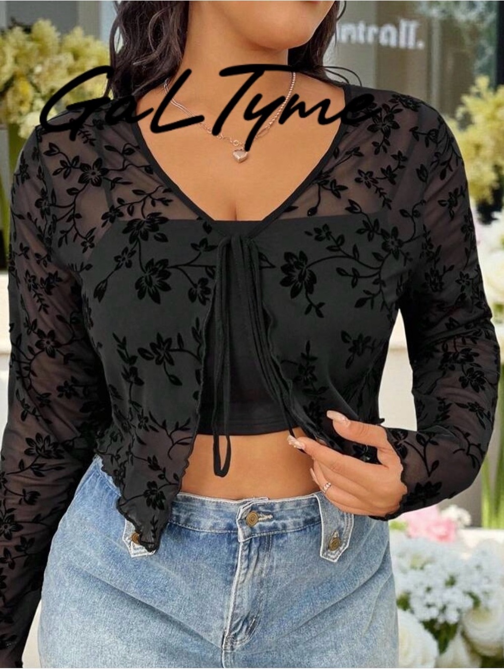 GalTyme Mesh Floral Tie Front Crop Cardigan Top Black Y2K